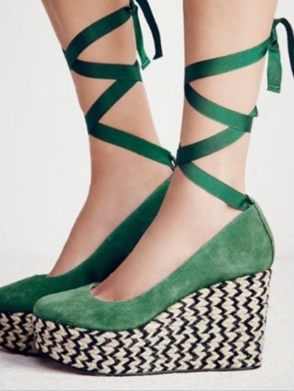 Free People Green Suede Espadrille Wedges with Ankle Tie, Size 6.5 (37)
